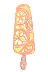 Hand painted pastel chalk illustrated ice cream on sticks, popsicles with orange, lemon flavors.Summer cold food background