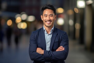 Fototapeta premium Portrait of a happy asian businessman smiling at the camera.Generative Ai