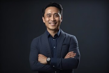 Fototapeta premium Portrait of a happy asian businessman smiling at the camera.Generative Ai