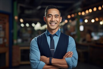 Fototapeta premium Portrait of a happy asian businessman smiling at the camera.Generative Ai