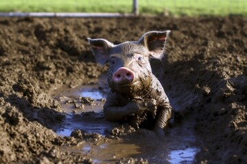 Playful Piglet Covered in Mud Farm Adventure. AI