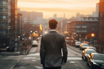 Cityscape Man in Suit Walking in Urban Environment from Behind. AI
