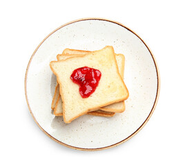 Plate of tasty toasts with jam on white background