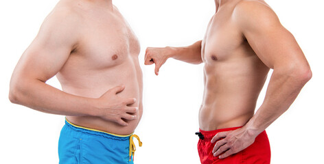 before obesity after slimming compare isolated on white. before obesity after slimming of men