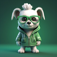 3d dog with glasses and green jacket