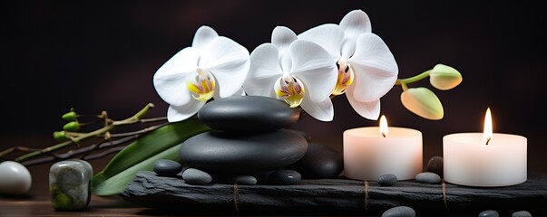 Spa and wellness concept with flowers, stones and candles