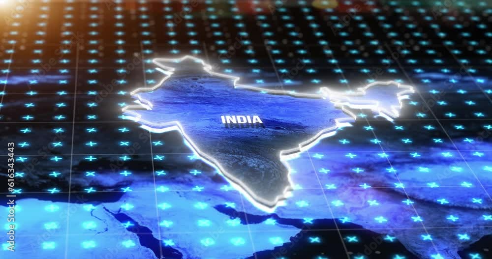 Poster Digital, world and india on an information technology or virtual map for global networking or connectivity. Future, data and grid for innovation, research or ai cloud computing on planet earth
