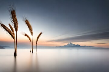 Fototapeta na wymiar sunset over the lake with wheat