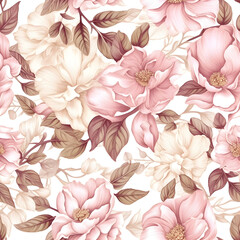 Pink floral seamless pattern of blooming flowers. AI illustration. Design for fabric luxurious and wallpaper, vintage style. Hand drawn floral&nbsp;pattern. Botany garden.