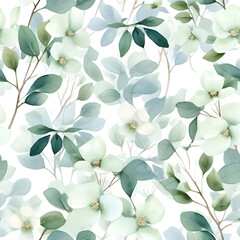 Fototapeta na wymiar Seamless watercolor floral pattern - green flowers and leaves composition, perfect for wrappers, wallpapers, postcards, greeting cards, wedding invitations, romantic events. AI illustration.