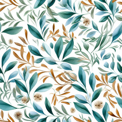 Seamless watercolor floral pattern - green flowers and leaves composition, perfect for wrappers, wallpapers, postcards, greeting cards, wedding invitations, romantic events. AI illustration.