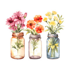 3 different Watercolor flower bouqet in a jar