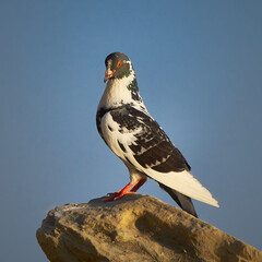 motley dove sits on a rock.
