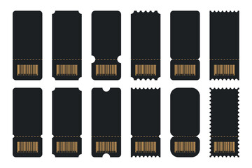 Set of Blank tickets or coupons with barcode, vector templates with copy space isolated on white background. event, airplane, train, circus, sport, football invitation illustration