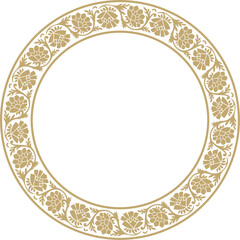 Vector round golden Indian national ornament. Ethnic plant circle, border. Frame, flower ring. Poppies and leaves..