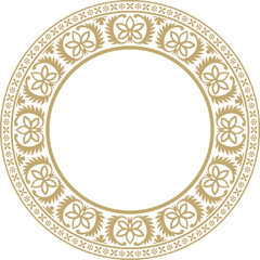 Vector round golden Indian national ornament. Ethnic plant circle, border. Frame, flower ring. Poppies and leaves..