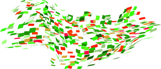 Scattered square particles ornament. Mosaic flight wind. Windy destroyed cell wall. Flight colored tiles flock direction stream.Leaf fall conditional parts single whole. Crash curved surface.