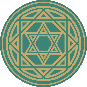 Vector round gold and green jewish national ornament. Star of David. Semitic folk circle, pattern. Israeli ethnic sign, ring..