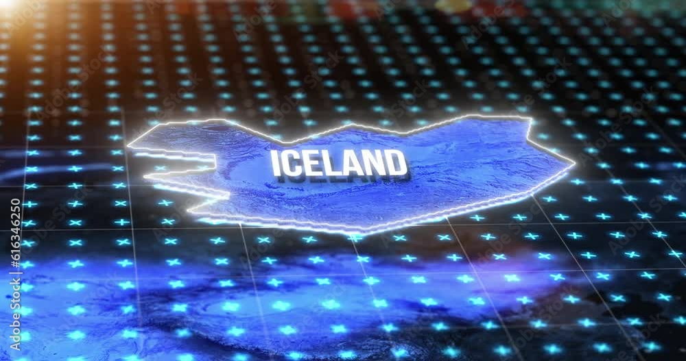 Poster Digital map, country location and hologram of Iceland with blue light, gps pin and 3d rendering. Technology, data and matrix of global position on radar, virtual reality or simulation of coordinates.