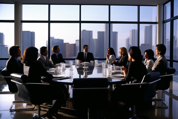  group of business professionals is engaged in a formal discussion or presentation in a boardroom. The atmosphere is focused and professional, with everyone actively participating and sharing ideas