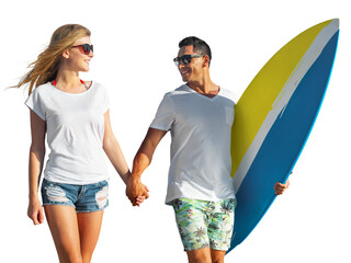Beauty couple walk on beach with surfboard.