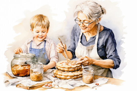 Kind grandma making pies with grandchildren, Generative AI