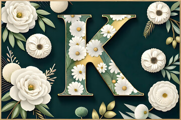 Blooming Letter K: Enchanting Floral Collection - Ivory Blossoms, Gilded Foliage, and Botanical Delights. Perfect for Weddings, Celebrations, and Joyous Occasions. Featuring Roses, Peonies
