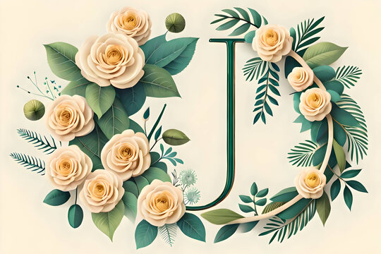 Blooming Letter J: Enchanting Floral Collection - Ivory Blossoms, Gilded Foliage, and Botanical Delights. Perfect for Weddings, Celebrations, and Joyous Occasions. Featuring Roses, Peonies