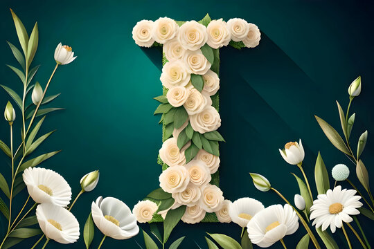 Blooming Letter I: Enchanting Floral Collection - Ivory Blossoms, Gilded Foliage, and Botanical Delights. Perfect for Weddings, Celebrations, and Joyous Occasions. Featuring Roses, Peonies