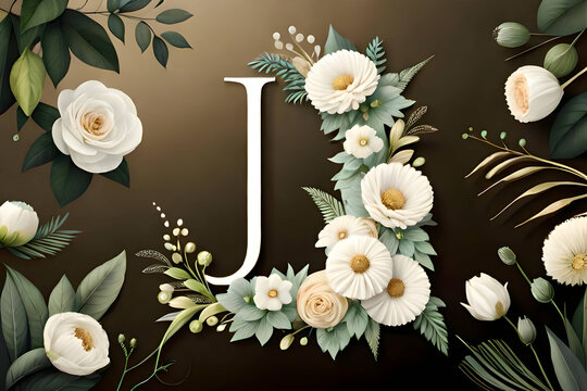 Blooming Letter J : Enchanting Floral Collection - Ivory Blossoms, Gilded Foliage, and Botanical Delights. Perfect for Weddings, Celebrations, and Joyous Occasions. Featuring Roses, Peonies