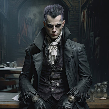 Gothic London male Humanoid Fey Investigator with purple tinted hair Generated With AI
