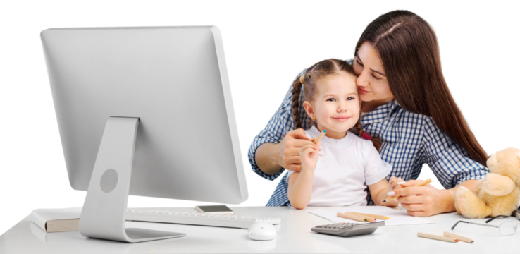 Working young mother for computer it home with little child . Teacher and child learn it home.