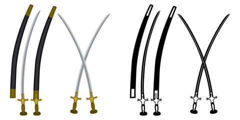 Set Talwar swords vector. Traditional Indian asian blade weapon illustration