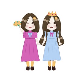Cartoon drawing cute little girls with short hair and long hair 