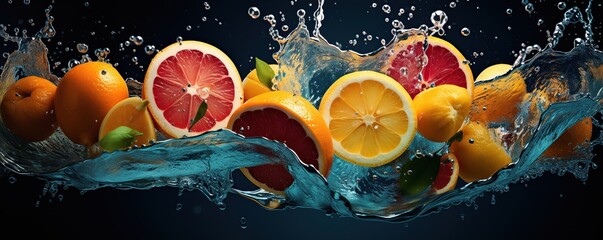 Fresh citrus fruits, water splash on blue background. © maretaarining