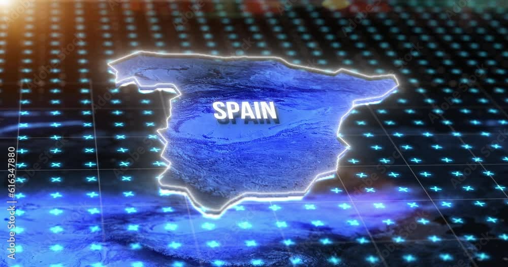 Poster Digital, world and spain on an information technology or virtual map for global networking or connectivity. Future, data and grid for innovation, cloud computing or telecommunication on planet earth