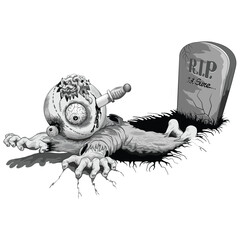 Zombie Creepy Zombie Doll crawling out of Grave Black and White Vector illustration 
