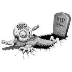 Fototapete Zeichnung Zombie Creepy Zombie Doll crawling out of Grave Black and White Vector illustration 