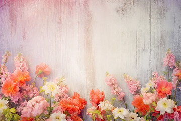Spring Blooming: Beautiful Spring Flowers on Light-Colored Wooden Background Created with Generative AI Tools
