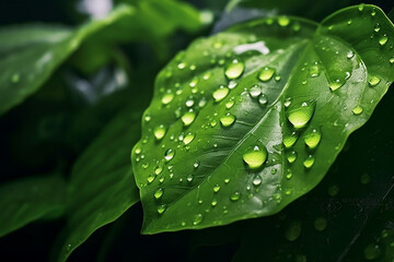 Macro Shot of Beautiful Raindrops on Green Leaf - Created with Generative AI Tools