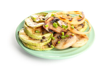 Plate with different tasty grilled vegetables on white background