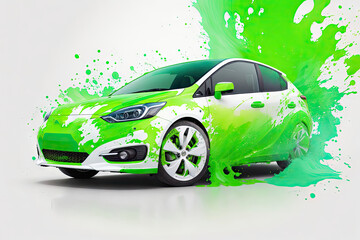 Eco car concept illustration with color green cplash, ai generative