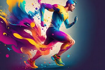 Young man runner running abstract colorfull splash ink design background, ai generative