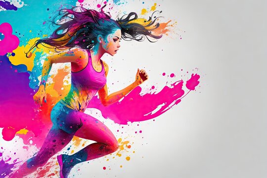 Young woman runner running abstract colorfull splash ink design background, ai generative