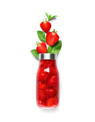 Sports bottle of infused water with strawberry and mint on white background