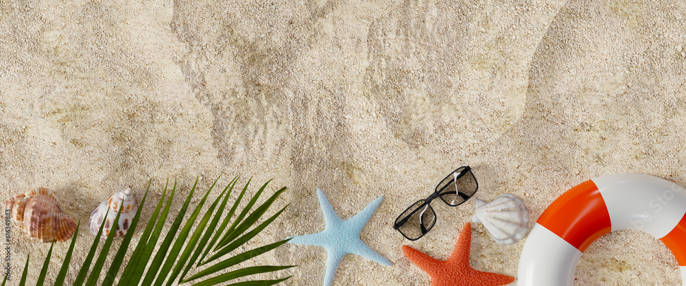 Poster summer vacation background with lots of seashells and other summer-themed objects. 3d rendering