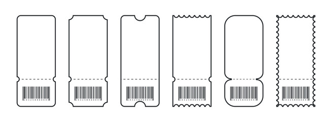 Set of Blank tickets or coupons with barcode, vector templates with copy space isolated on white background. event, airplane, train, circus, sport, football invitation illustration