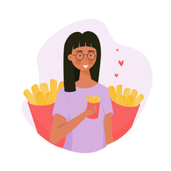 Girl eating french fry illustration. National French fry day illustration for poster, social media, banner, and background.