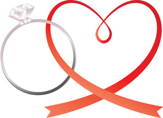 ダイヤモンドの指輪と赤いリボンのイラスト