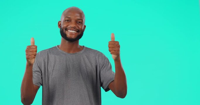 Black man, palm and thumbs up on mockup for advertising success against a studio background. Portrait of African male person show hands with like emoji, yes sign or approval for marketing on mock up